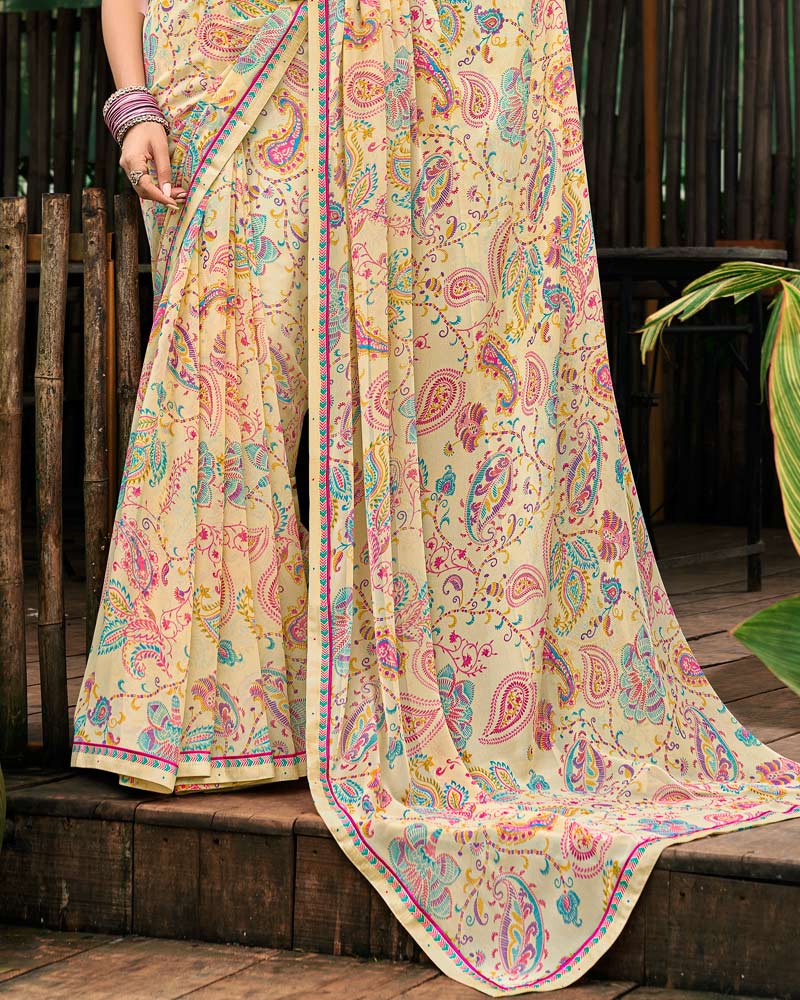 Vishal Prints Light Beige Printed Georgette Saree With Fancy Border