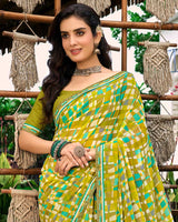 Vishal Prints Brownish Yellow Printed Georgette Saree With Fancy Border