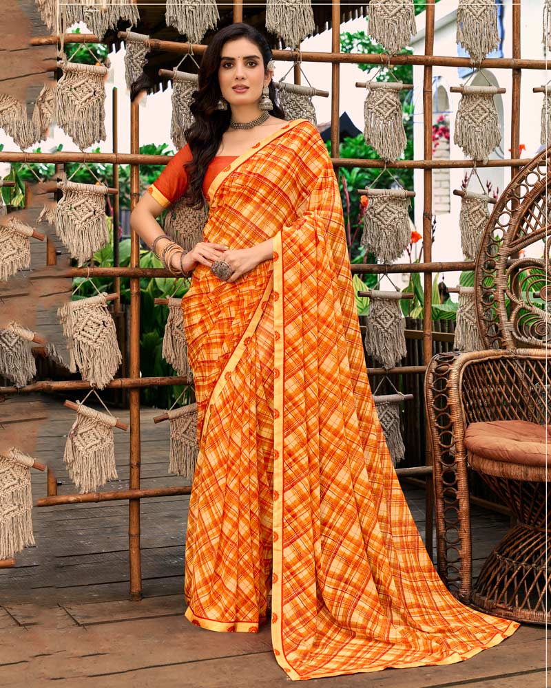 Vishal Prints Pumpkin Orange Printed Georgette Saree With Fancy Border