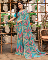 Vishal Prints Pacific Blue And Jade Green Printed Georgette Saree With Fancy Border