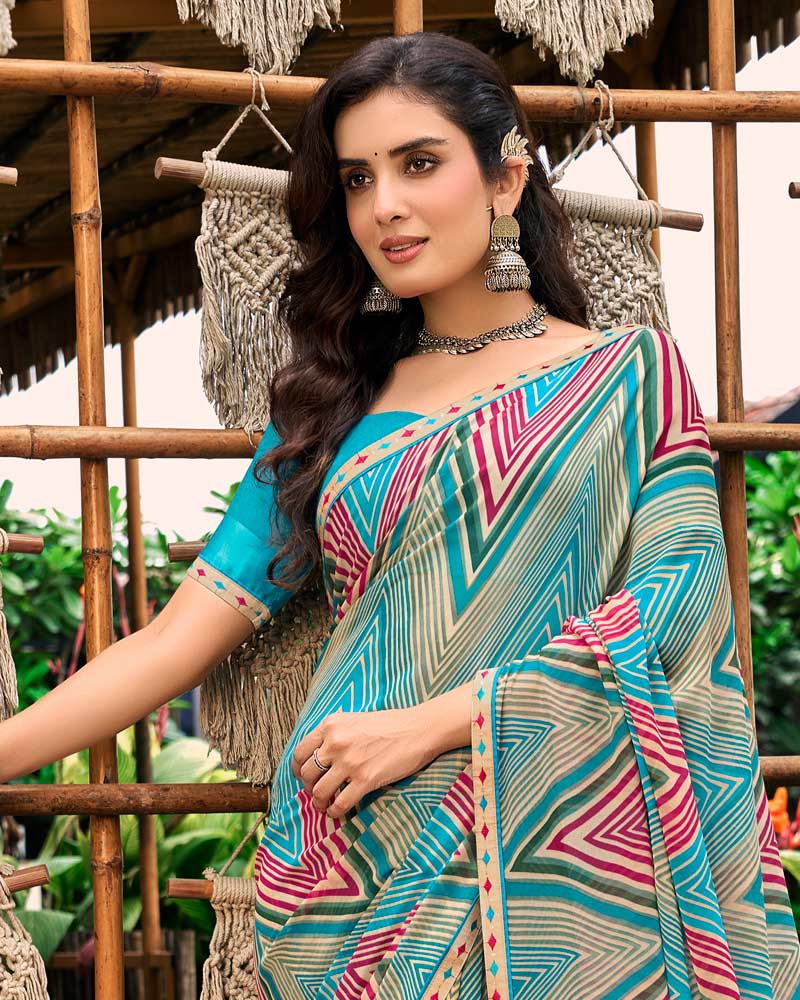 Vishal Prints Pacific Blue And Jade Green Printed Georgette Saree With Fancy Border