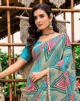 Vishal Prints Pacific Blue And Jade Green Printed Georgette Saree With Fancy Border