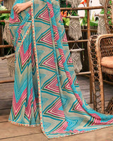 Vishal Prints Pacific Blue And Jade Green Printed Georgette Saree With Fancy Border