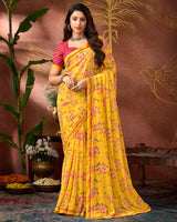 Vishal Prints Orangey Yellow Printed Georgette Saree With Fancy Border