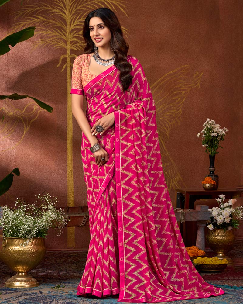 Vishal Prints Dark Hot Pink Printed Georgette Saree With Fancy Border