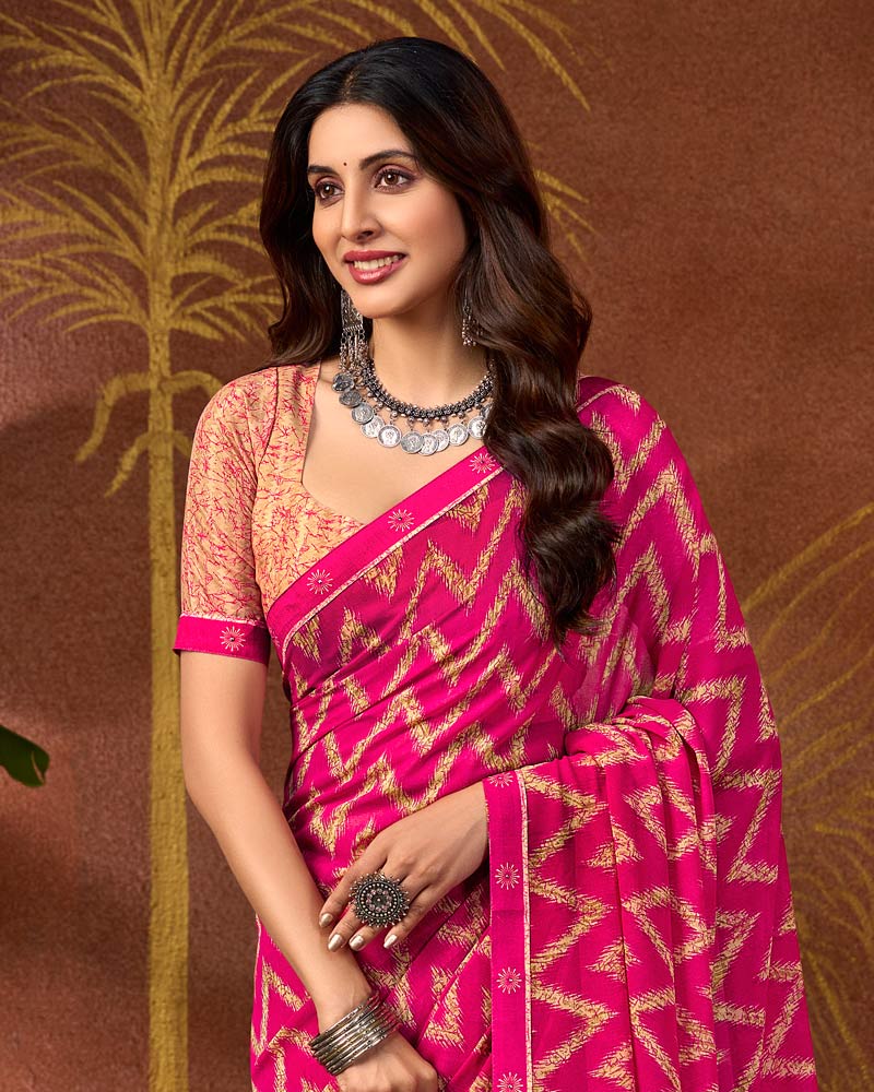 Vishal Prints Dark Hot Pink Printed Georgette Saree With Fancy Border
