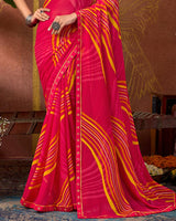 Vishal Prints Pinkish Red Printed Georgette Saree With Fancy Border