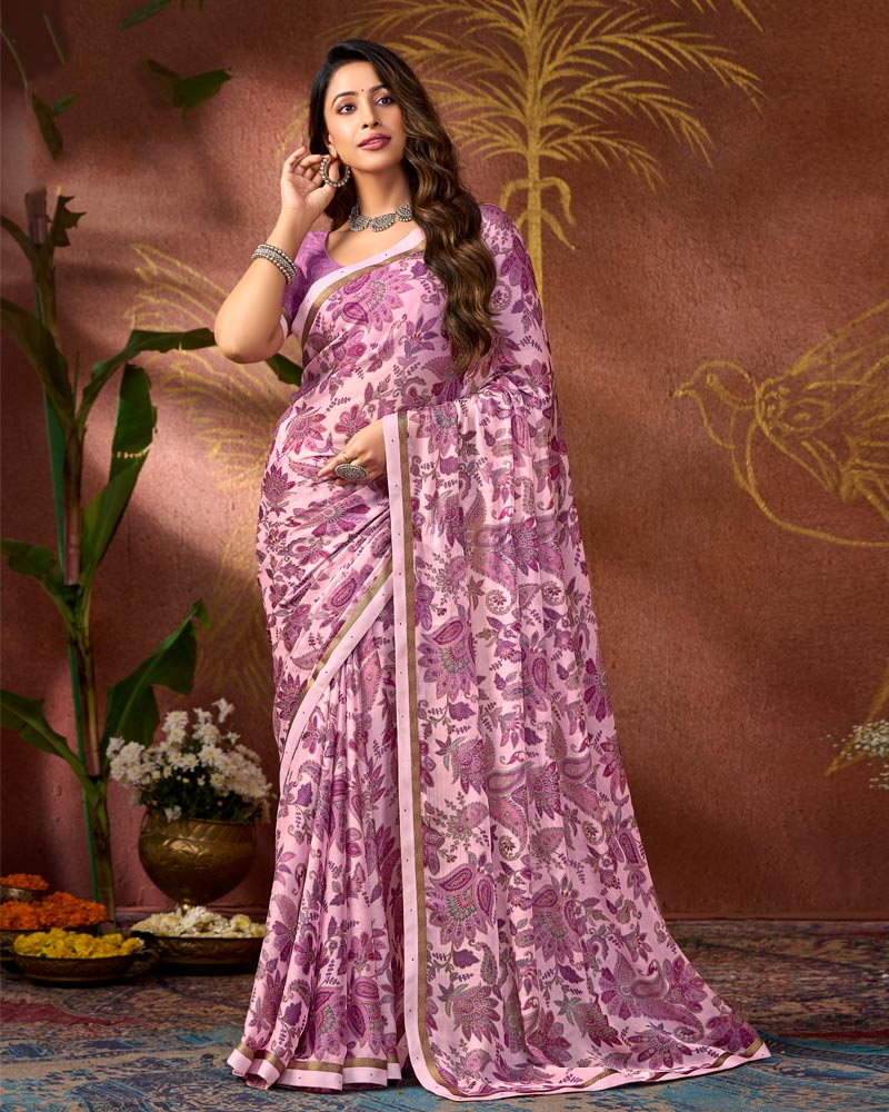 Vishal Prints Dusty Pink Printed Georgette Saree With Fancy Border
