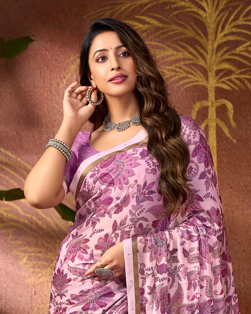 Vishal Prints Dusty Pink Printed Georgette Saree With Fancy Border