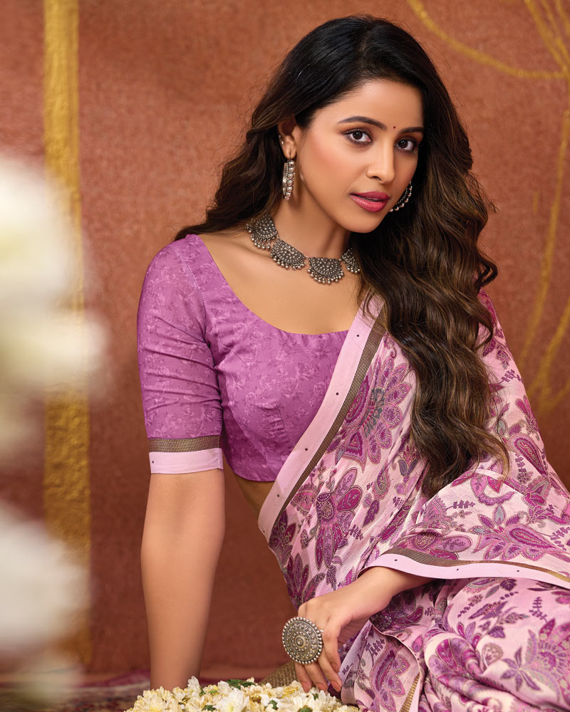 Vishal Prints Dusty Pink Printed Georgette Saree With Fancy Border