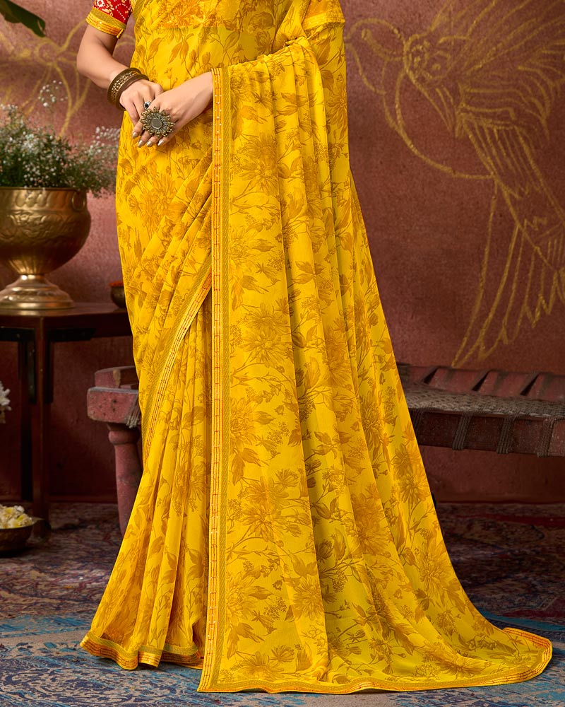 Vishal Prints Chrome Yellow Printed Georgette Saree With Fancy Border