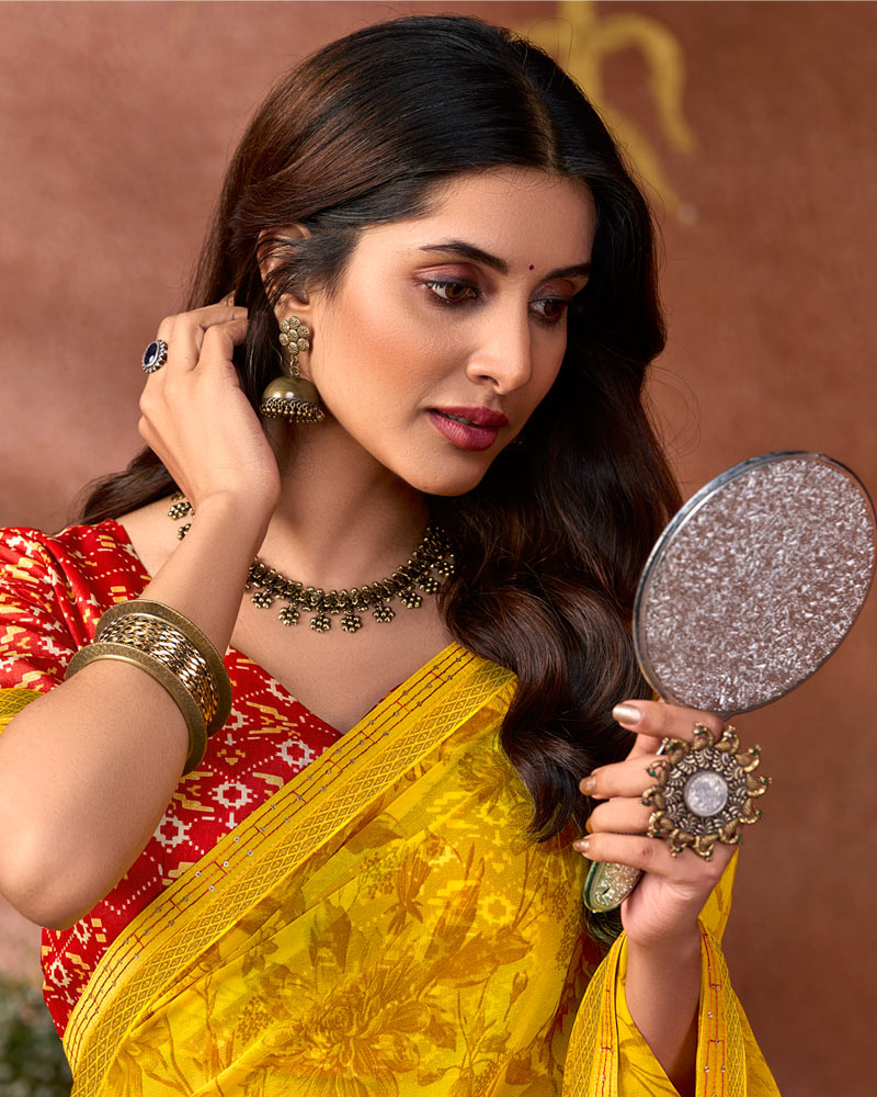 Vishal Prints Chrome Yellow Printed Georgette Saree With Fancy Border