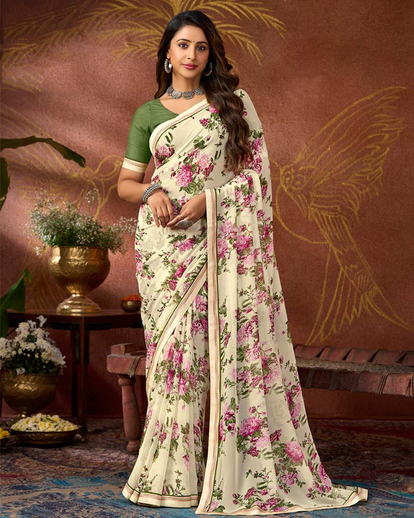 Vishal Prints Spanish White Printed Georgette Saree With Fancy Border