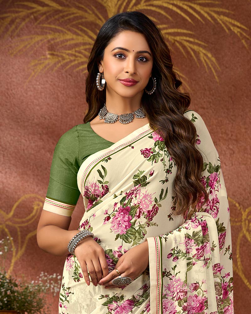 Vishal Prints Spanish White Printed Georgette Saree With Fancy Border