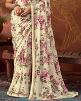 Vishal Prints Spanish White Printed Georgette Saree With Fancy Border