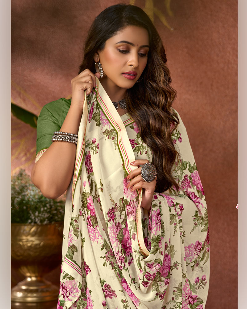 Vishal Prints Spanish White Printed Georgette Saree With Fancy Border