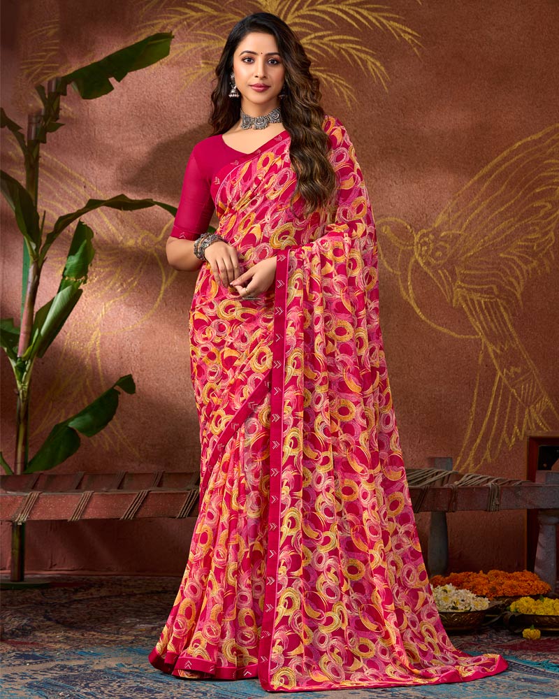 Vishal Prints Pinkish Red Printed Georgette Saree With Fancy Border