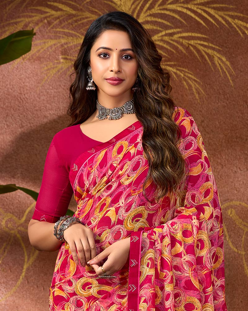 Vishal Prints Pinkish Red Printed Georgette Saree With Fancy Border