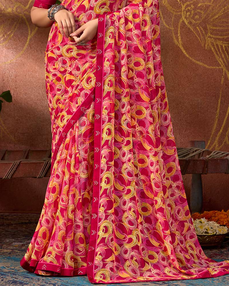 Vishal Prints Pinkish Red Printed Georgette Saree With Fancy Border