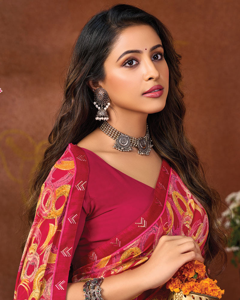 Vishal Prints Pinkish Red Printed Georgette Saree With Fancy Border