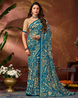 Vishal Prints Astronaut Blue Printed Georgette Saree With Fancy Border
