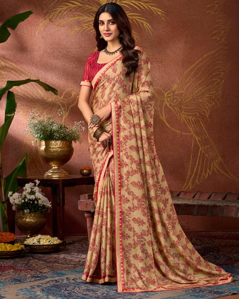 Vishal Prints Pinkish Tan Printed Georgette Saree With Fancy Border