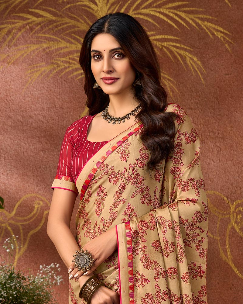 Vishal Prints Pinkish Tan Printed Georgette Saree With Fancy Border