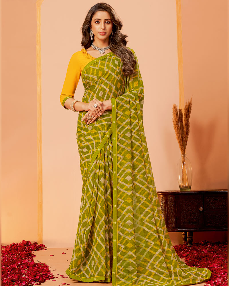 Vishal Prints Dark Olive Yellow Printed Georgette Saree With Fancy Border