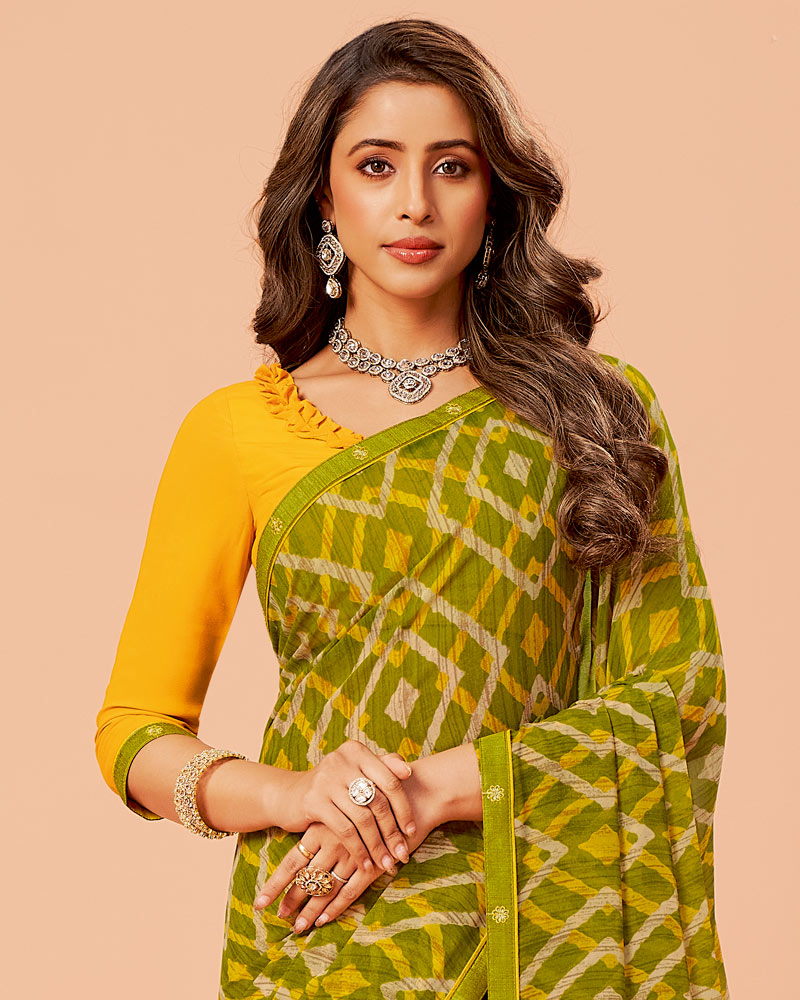 Vishal Prints Dark Olive Yellow Printed Georgette Saree With Fancy Border
