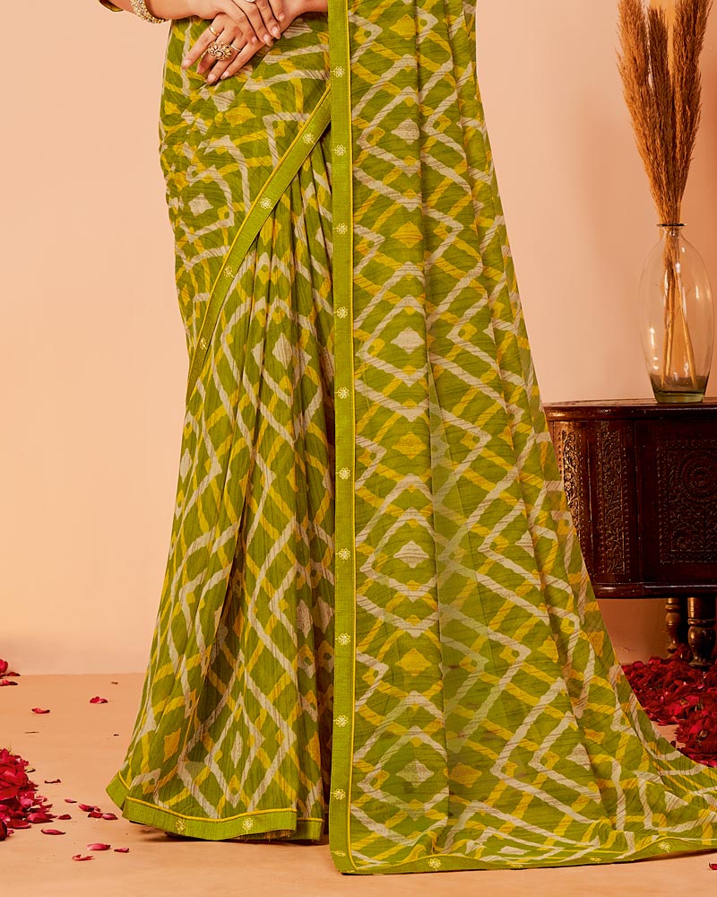 Vishal Prints Dark Olive Yellow Printed Georgette Saree With Fancy Border