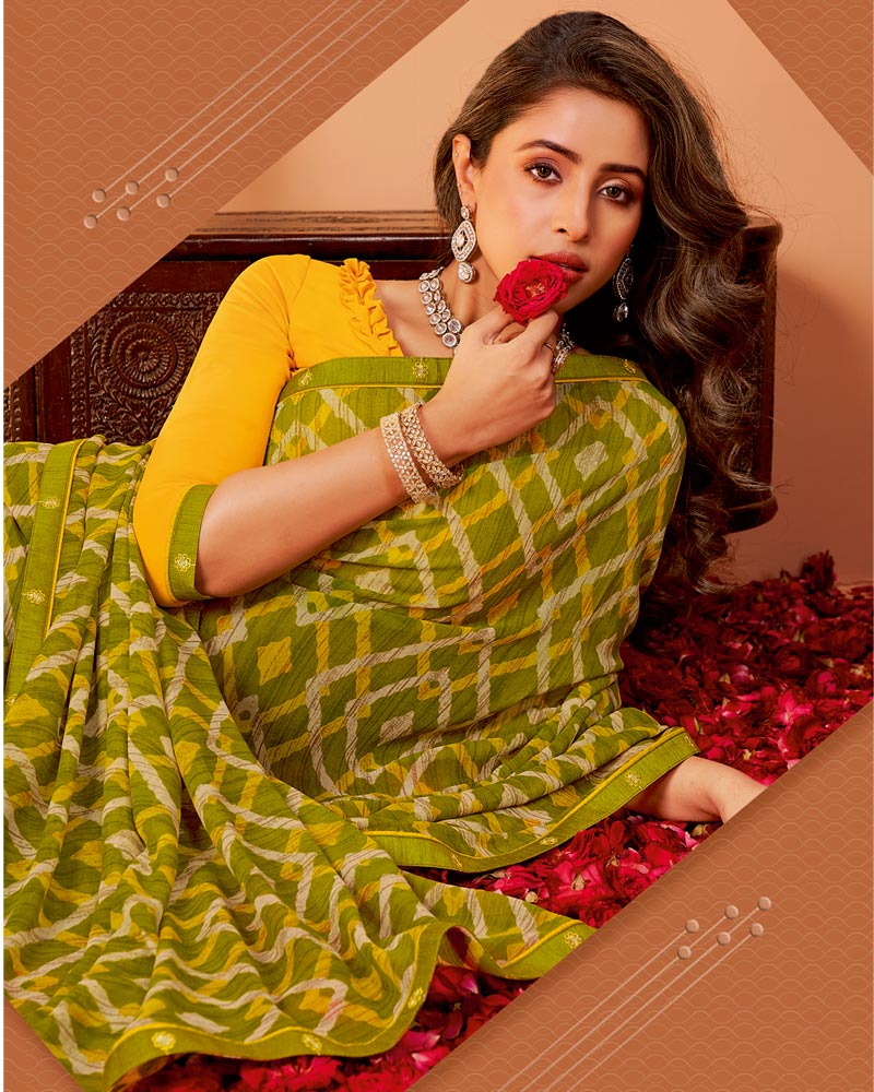 Vishal Prints Dark Olive Yellow Printed Georgette Saree With Fancy Border