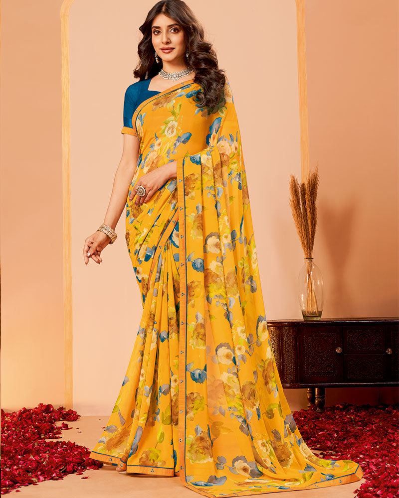 Vishal Prints Sunshade Yellow Printed Georgette Saree With Fancy Border