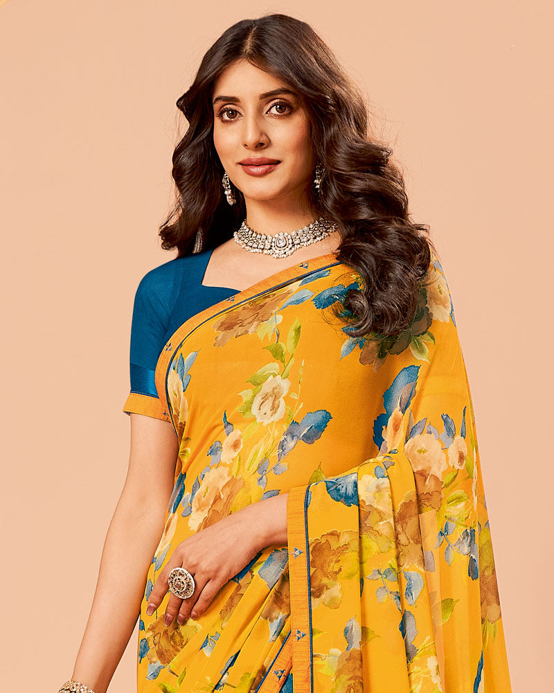 Vishal Prints Sunshade Yellow Printed Georgette Saree With Fancy Border