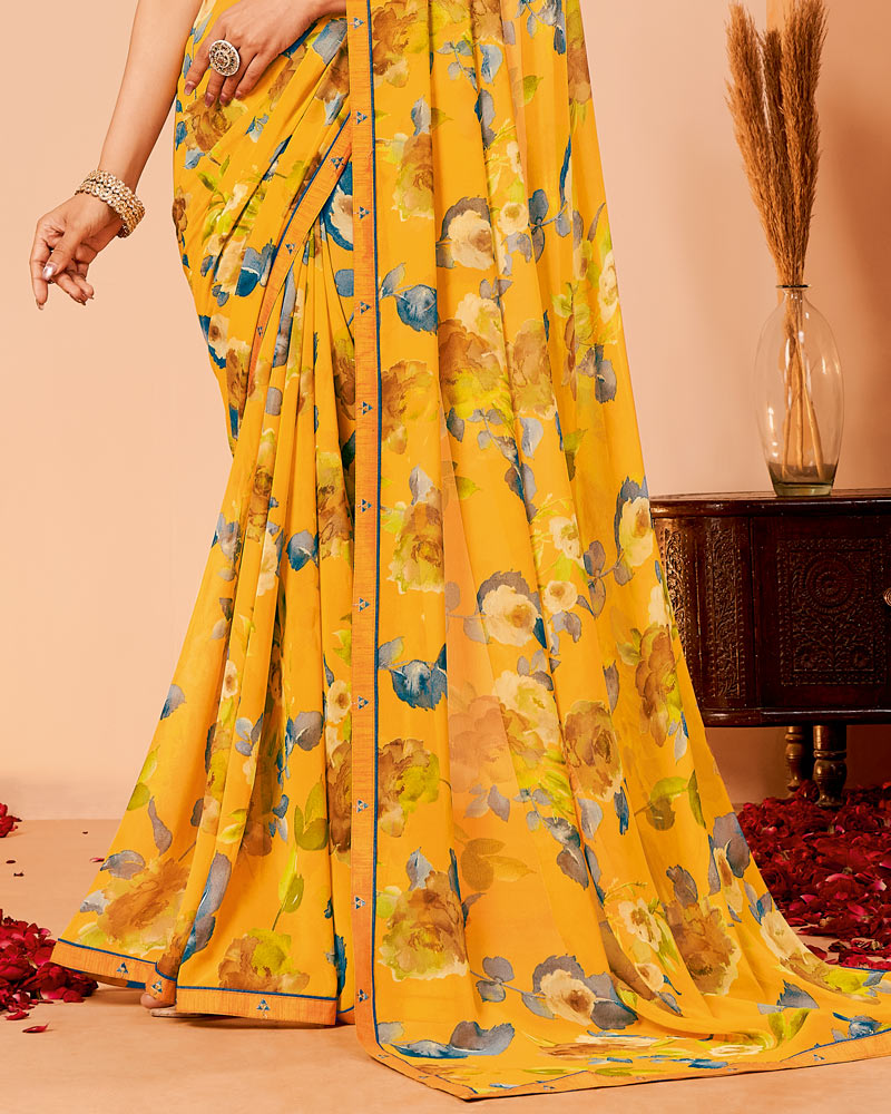 Vishal Prints Sunshade Yellow Printed Georgette Saree With Fancy Border