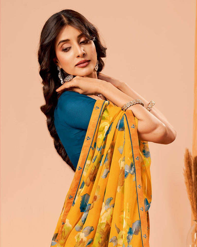Vishal Prints Sunshade Yellow Printed Georgette Saree With Fancy Border