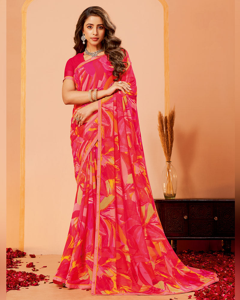 Vishal Prints Deep Strawberry Pink Printed Georgette Saree With Fancy Border