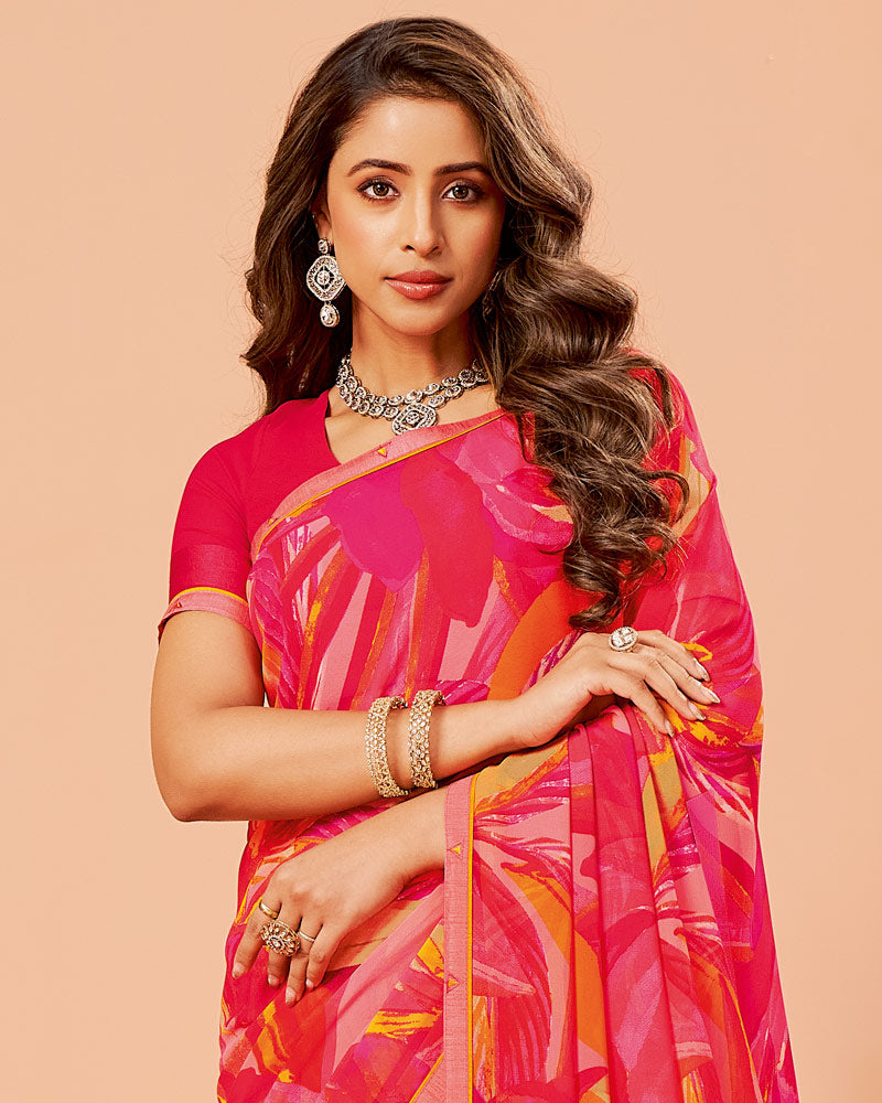 Vishal Prints Deep Strawberry Pink Printed Georgette Saree With Fancy Border