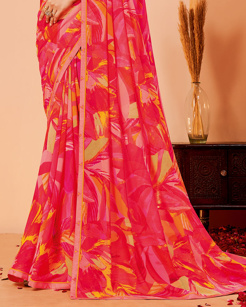 Vishal Prints Deep Strawberry Pink Printed Georgette Saree With Fancy Border