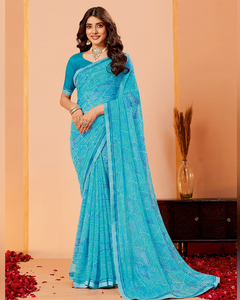 Vishal Prints Pacific Blue Printed Georgette Saree With Fancy Border
