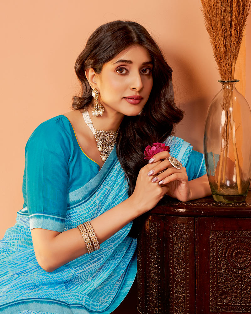 Vishal Prints Pacific Blue Printed Georgette Saree With Fancy Border