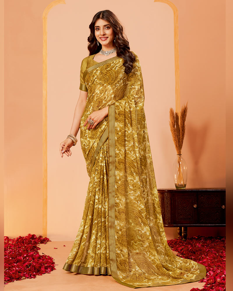 Vishal Prints Mustard Brown Printed Georgette Saree With Zari Border