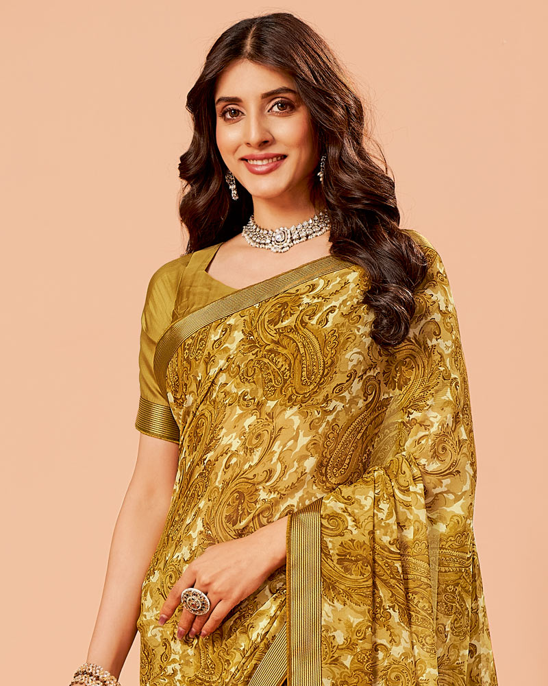 Vishal Prints Mustard Brown Printed Georgette Saree With Zari Border