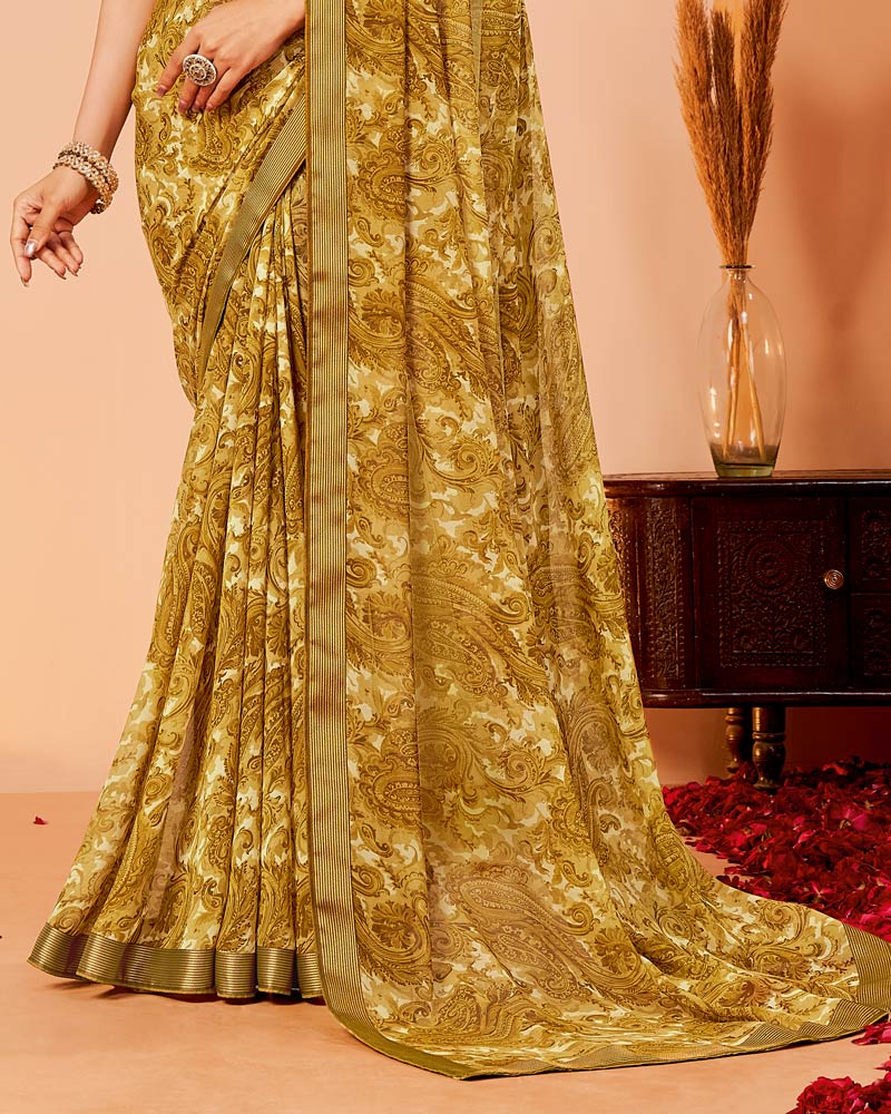 Vishal Prints Mustard Brown Printed Georgette Saree With Zari Border