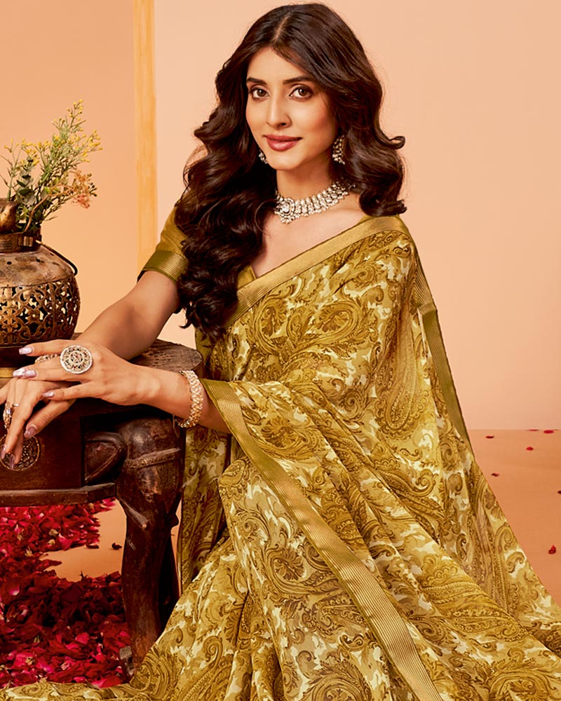 Vishal Prints Mustard Brown Printed Georgette Saree With Zari Border