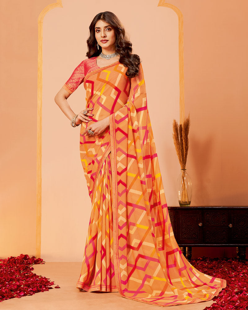 Vishal Prints Pastel Orange Printed Georgette Saree With Fancy Border