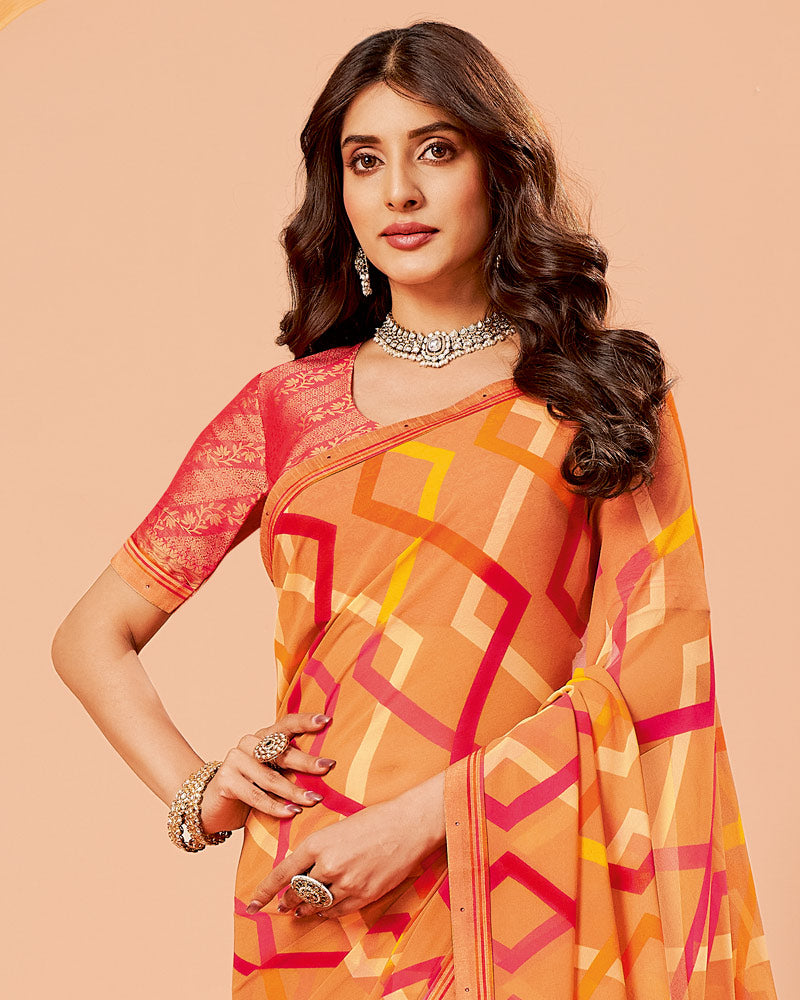 Vishal Prints Pastel Orange Printed Georgette Saree With Fancy Border