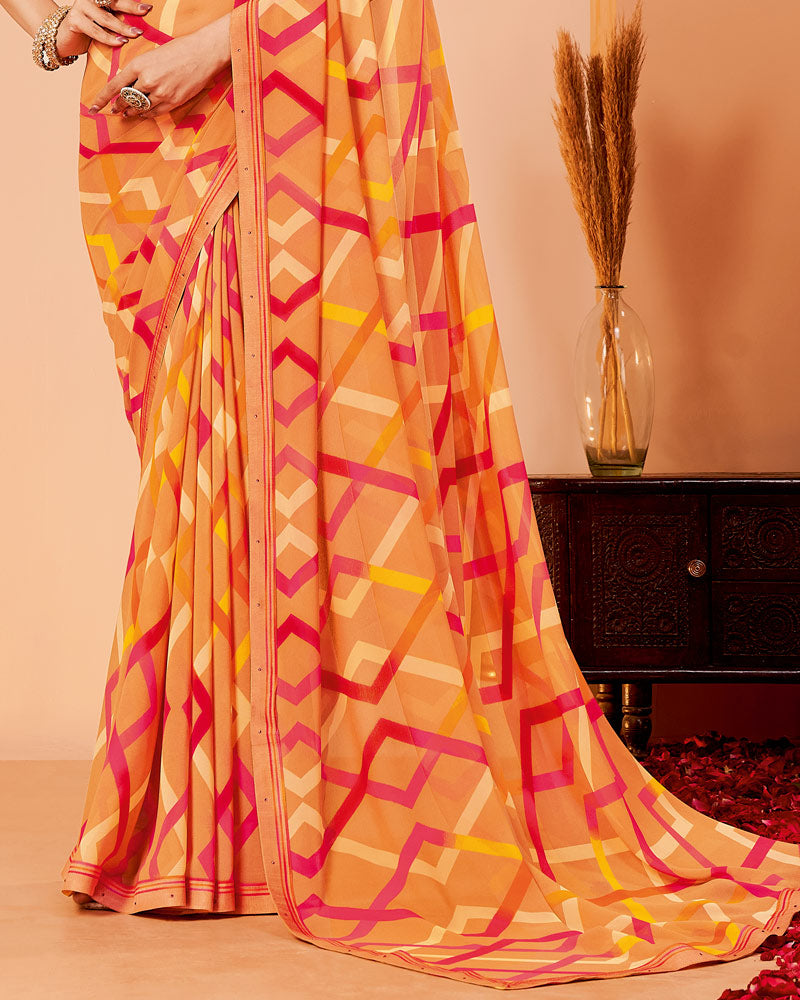Vishal Prints Pastel Orange Printed Georgette Saree With Fancy Border