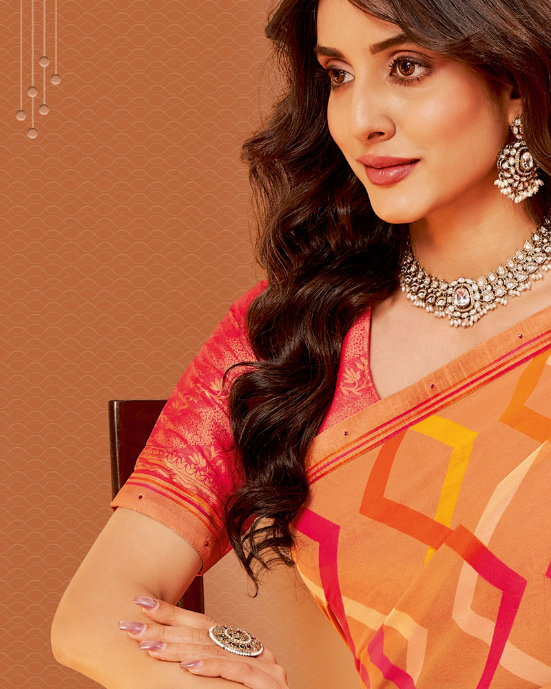 Vishal Prints Pastel Orange Printed Georgette Saree With Fancy Border
