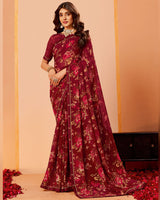 Vishal Prints Wine Red Printed Georgette Saree With Fancy Border