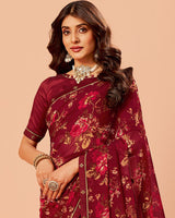 Vishal Prints Wine Red Printed Georgette Saree With Fancy Border